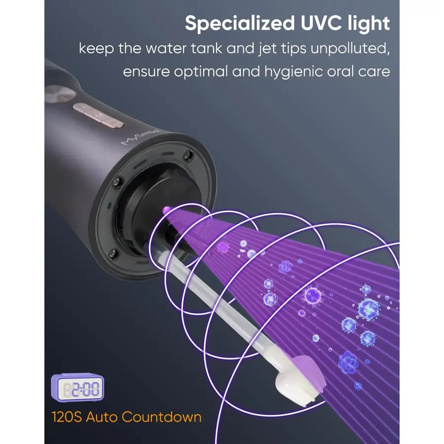 LP221 UVC Sterilizable Cordless Water Flossers for Teeth 335ML Portable OLED Display Dental Flosser with 4 Modes 8 Jet Tips and