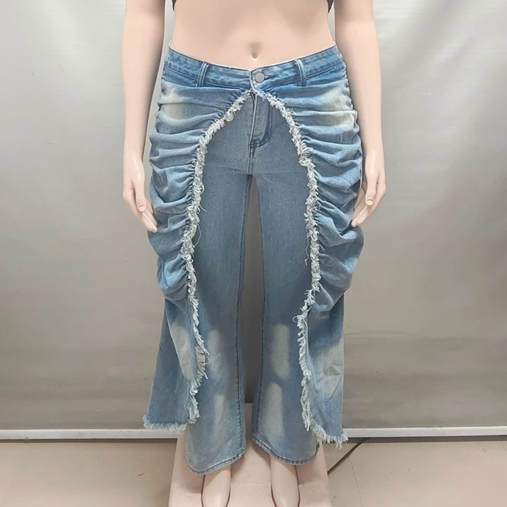 Coole Streetwear 2026 Trendige Lässige Gewaschene Hosen Jeans Damen Denim Rüschen Geraffte Drapierte Cargo-Hosen Einfarbige Damenjeans – Detail 6