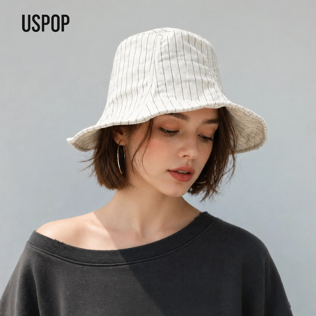 USPOP Damen Leinenmischung Bucket Hat Gestreifter Sonnenhut mit mittlerer Krempe Formbarer Draht Faltbar Gesichtsformend Frühling Sommer 2026
