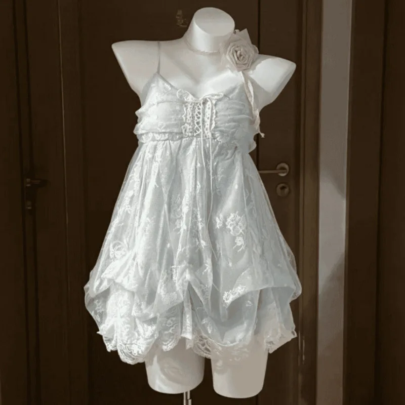 

Kawaii Bow Mini Dresses Lolita Summer Sweet Halter Neck Polka Dot Women Lace Dresses French Elelgant Sexy Slim Party Dresses New