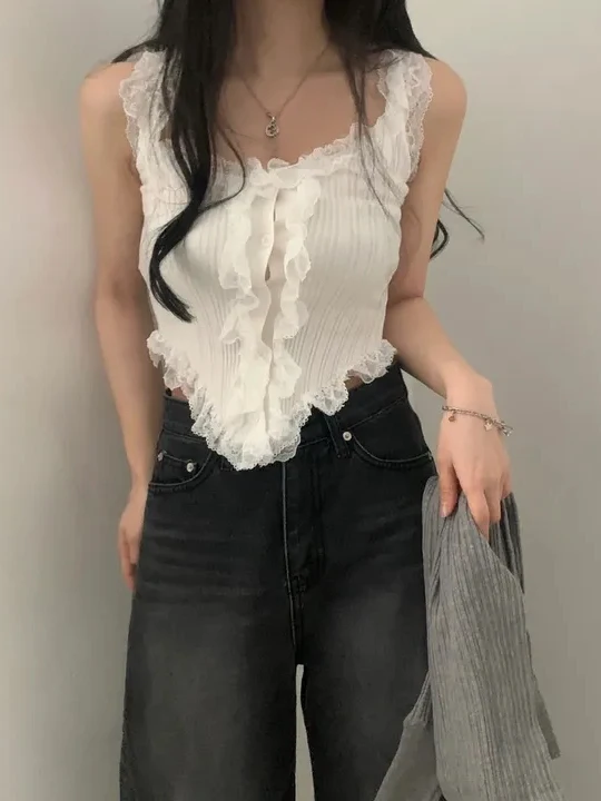 Coreano sle malha renda colheita topo feminino sexy svel interior wear único ele branco colete doce picante irt