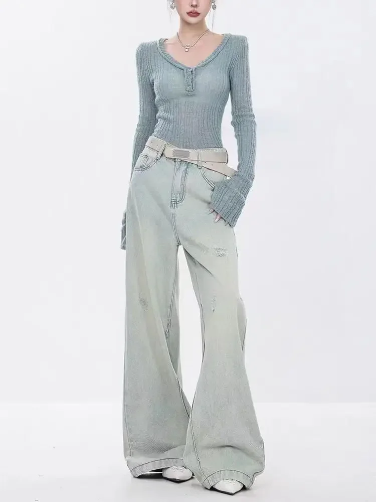 

Women Harajuku Y2K Loose Vintage Ripped Jeans High Waist Light Blue Wide Leg Cargo Pants Trashy Baggy Denim Trousers Pantalones