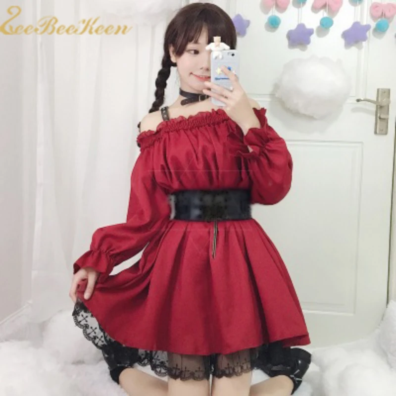 Robe Lolita gothique sexy à épaules dénudées pour filles, Anime Maid Cosplay, GelFemale Sweet Wine, Vêtements de fête rouges pour adultes