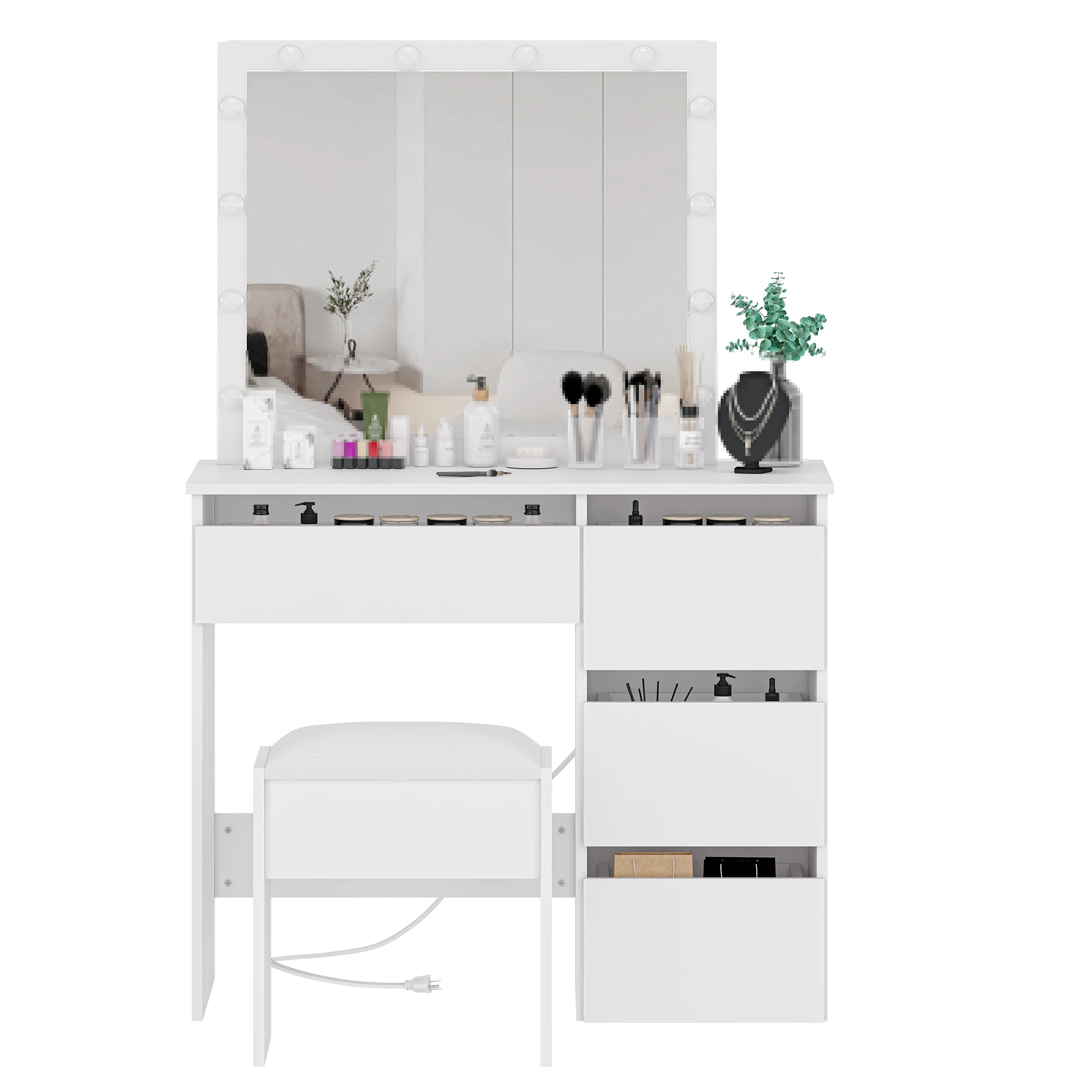 

Vanity Desk, Makeup Vanity Desk with Touch Light Mirror and Power Outlet, Makeup Table with Stool and 4 Drawers, White