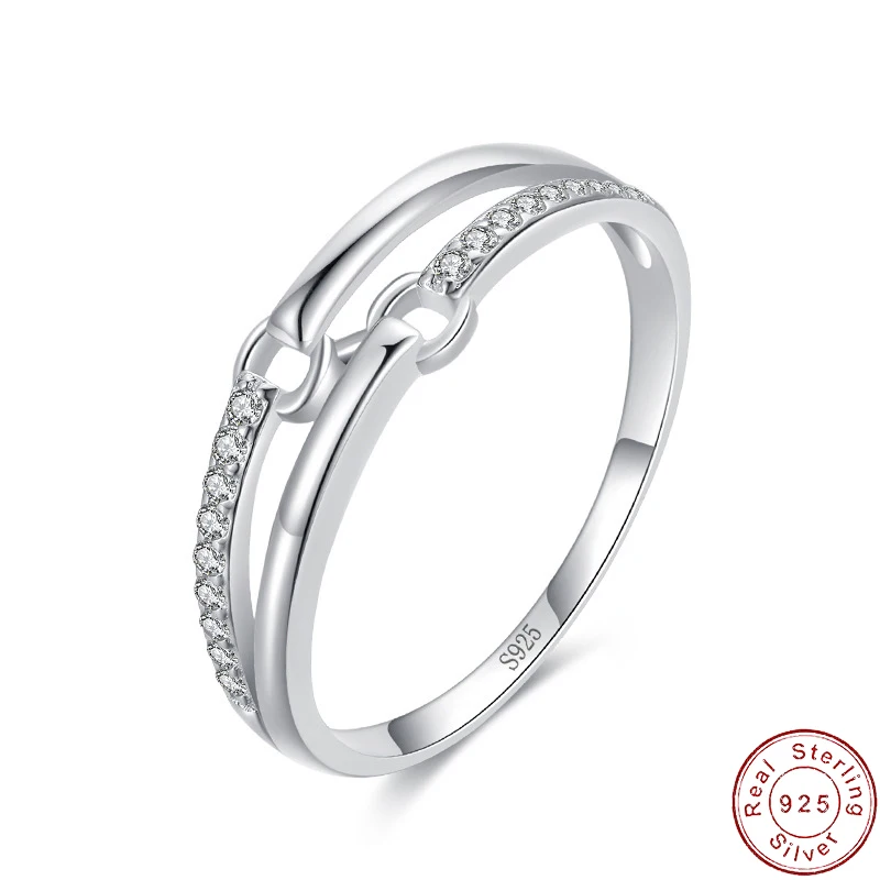 Fine European AAA CZ Double Layer Line S925 Sterling Silver Ring For Women Birthday Party Wedding Gift Jewelry