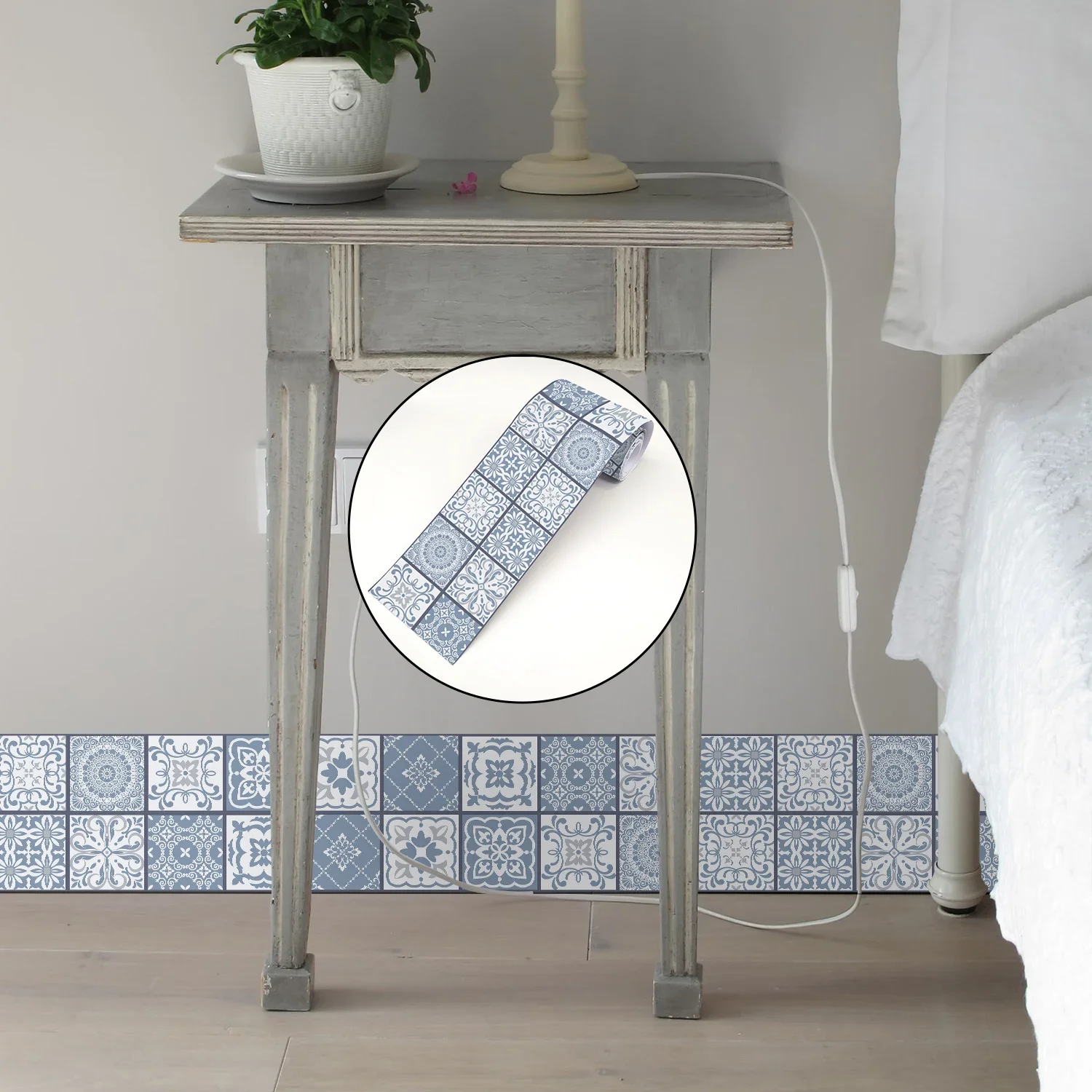 Portuguese Style Floral Ceramic Wall Sticker Self-Adhesive Kitchen Backsplash Bathroom Decor Waistline Skirting Strip