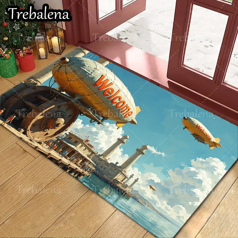 

1pc Welcome Door Mat Steampunk Airship Welcome Mat Vintage Cityscape Doormat Home Decor