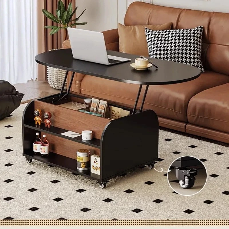 Vintage Style Mobile Lift-Up Coffee   Solid Wood Home Double-Sided Storage Rattan Weaving Living Room