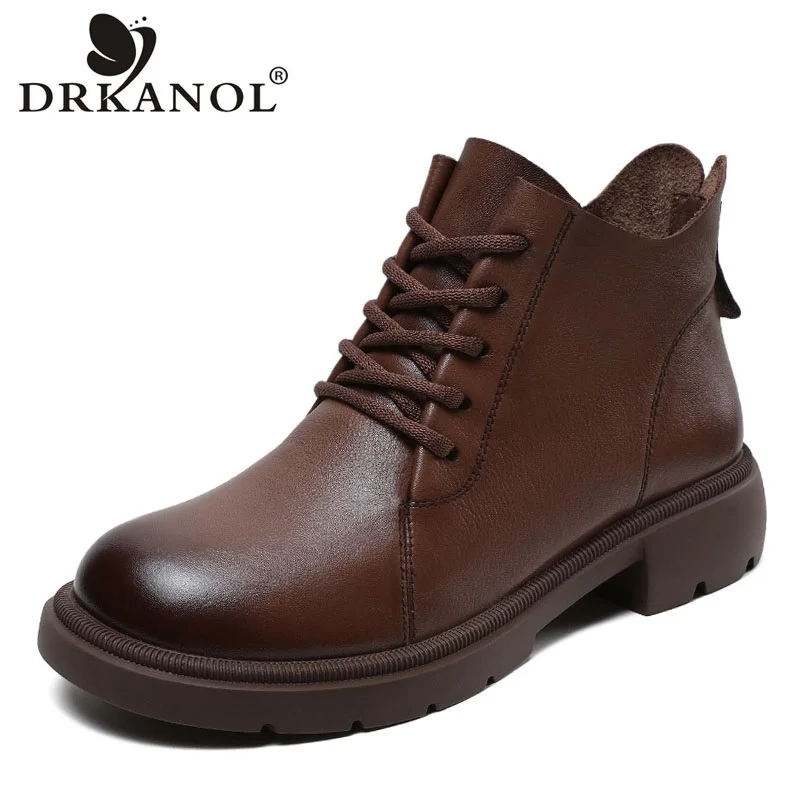 

DRKANOL 2024 Women Genuine Cow Leather Ankle Boots Autumn Winter Warm Shoes Round Toe Flat Heel Soft Bottom Comfort Short Boots