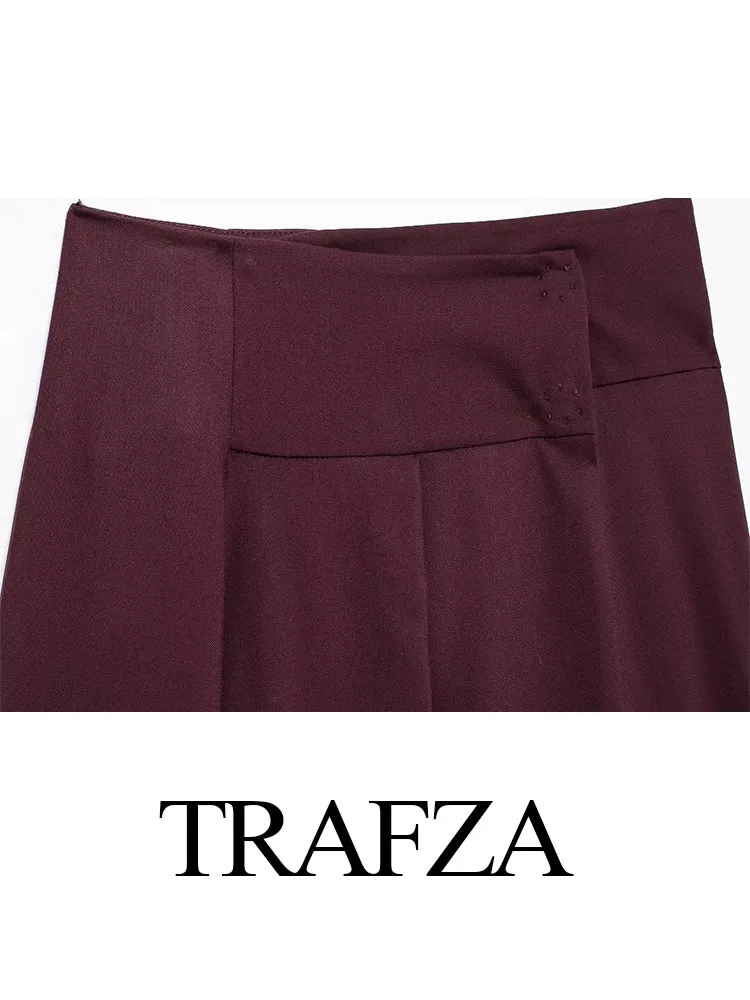 TRAFZA Women's Spring Fashion Design Basic Versatile Wide Pleated Midi Skirt Female Elegant Mid-Waist Ankle-Length 2-Color Skirt