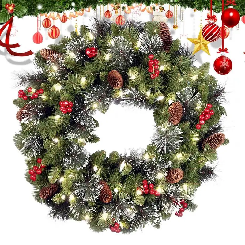 Lighted Christmas Wreath Pre-Lit Artificial Frosted Pine Needle Holiday Wreath 40Cm/15.7Inch Farmhouse Rustic Artificial