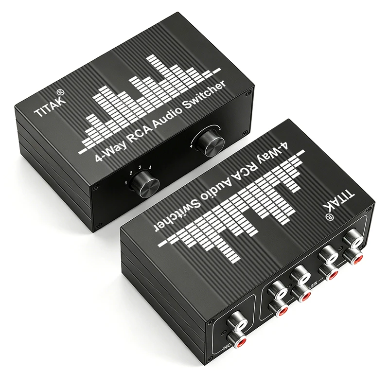 4CH RCA Stereo Switcher Bi-Directional 1-to-4 or 4-to-1 L/R Splitter Box for Active Speakers Sharing System Pro