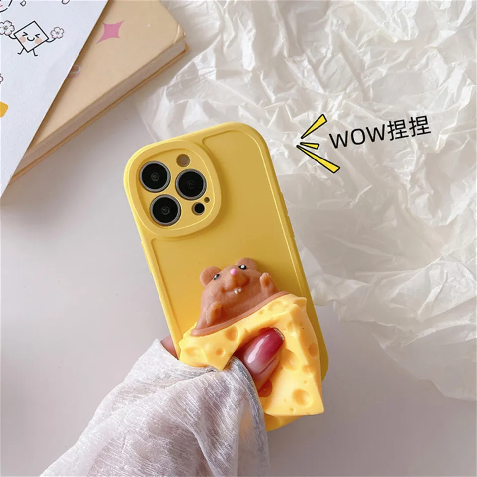 Cute Soft Squishy Yellow Cheese Mouse Phone Case For Iphone X XR XS 11 12 13 Pro Max 7 8 Plus Back Cover Coque Reliver Stress