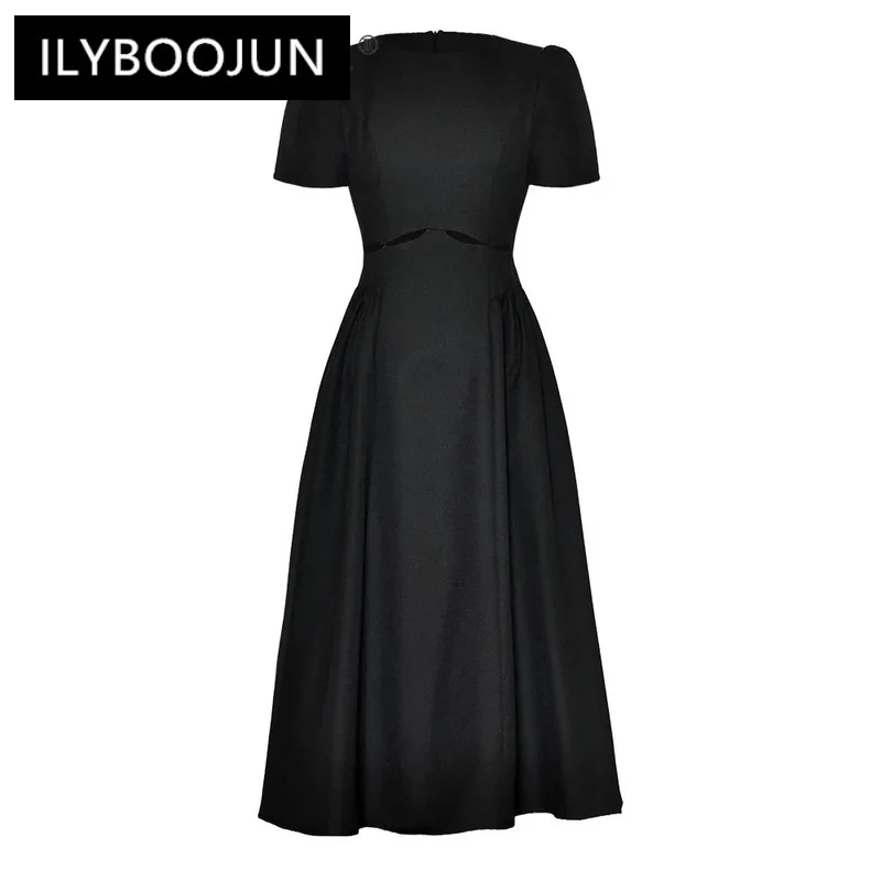 

ILYBOOJUN 2024 Summer High Quality Designer Women Dress Vintage Solid Color Hollow Out Tunics Temperament Princess Midi Dresses