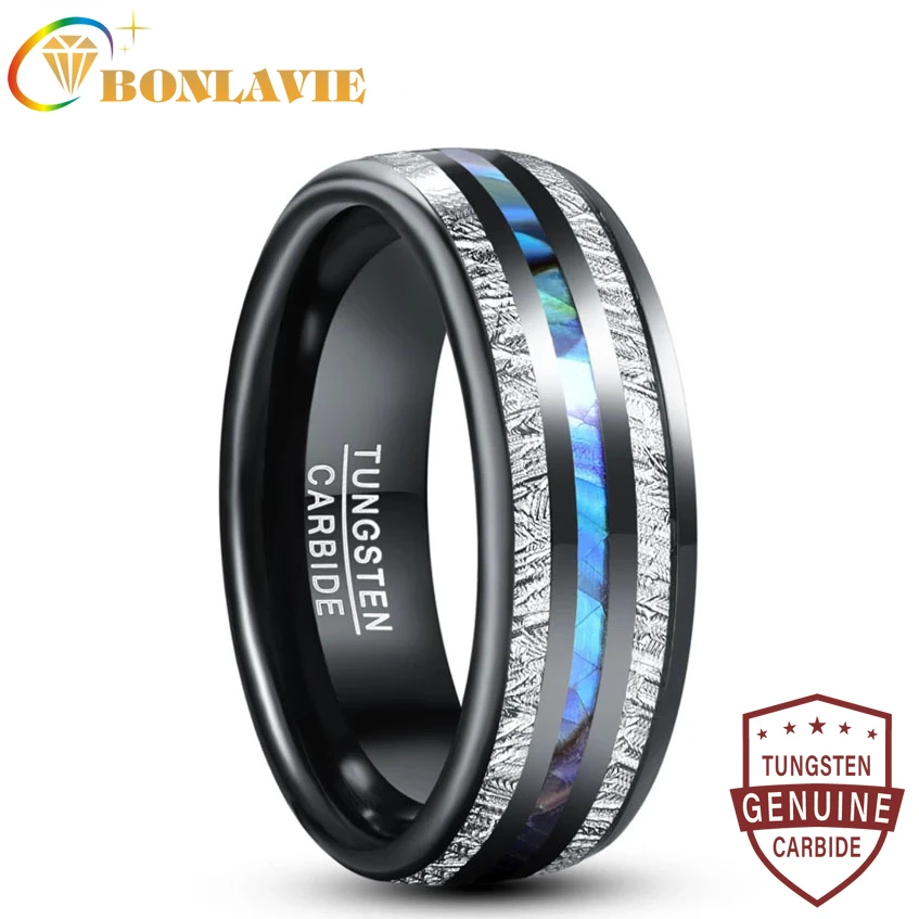 BONLAVIE 8mm Electric Black Inlaid Meteorite Abalone Shell Dome Tungsten Carbide Ring Men's Fashion Wedding Jewelry Best Gift