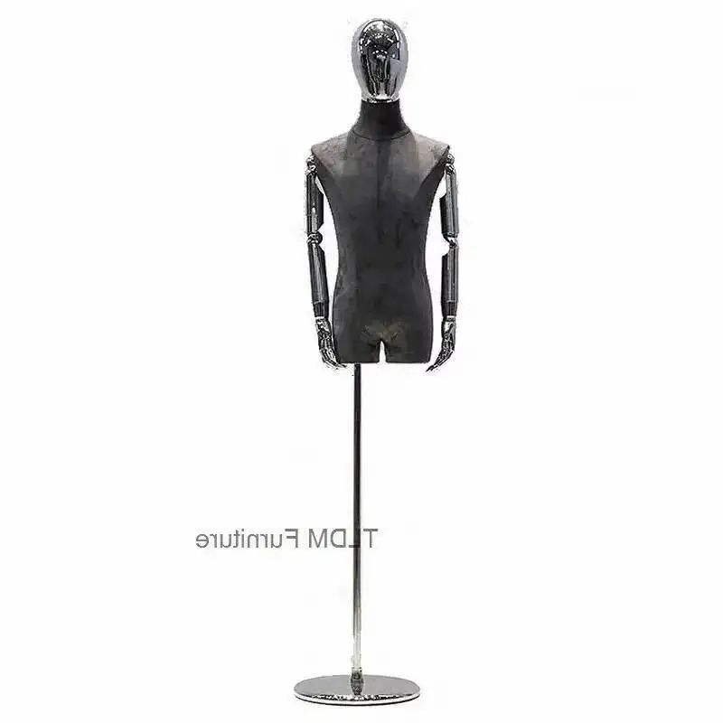 

Male Half-length Manikin Torso with Silver Head Korean High-end Clothing Store Velvet Mannequin with Metal Base Display Model W