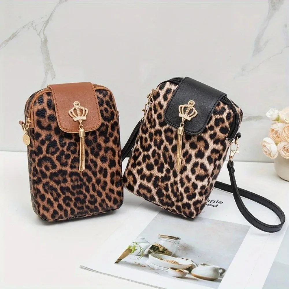 New Leopard Print Phone Shoulder Bag with Pendant Mini Female Messenger Bag Niche Design Casual Crossbody Phone Purse