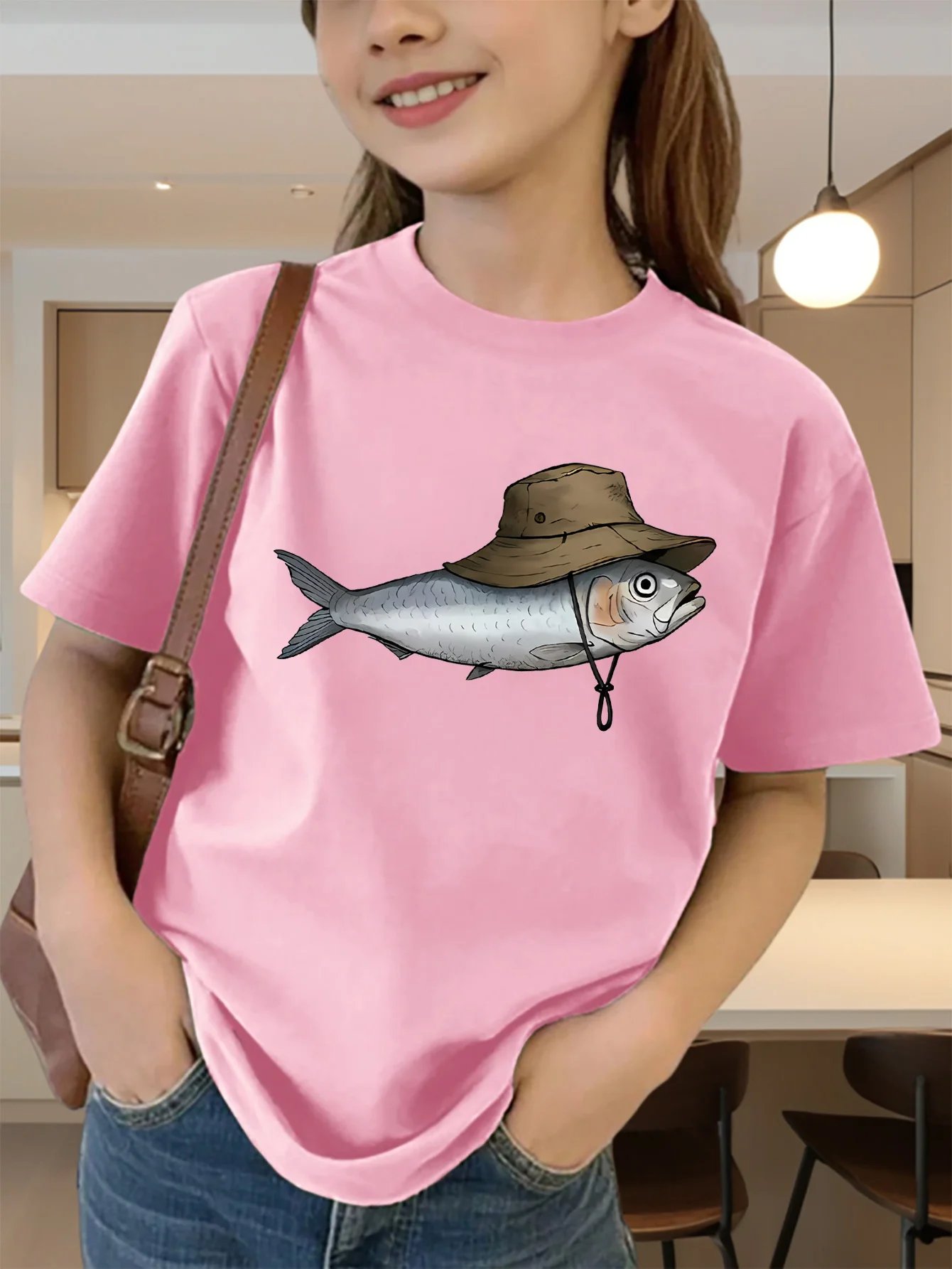 Cute Hat Wearing Fish Cartoon Print Graphic Kids Tee Boys Girls Family Matching Cotton Crew Neck Short Sleeve Soft Summer Tee