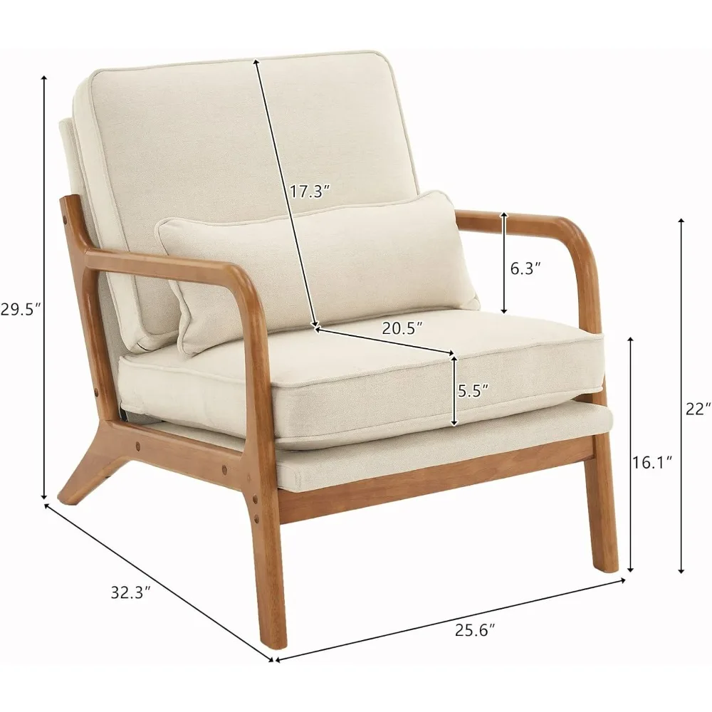 

Accent Chair Mid-Century Modern Chair with Pillow Linen Fabric Upholstered Lounge Arm Chair with Solid Wood Frame
