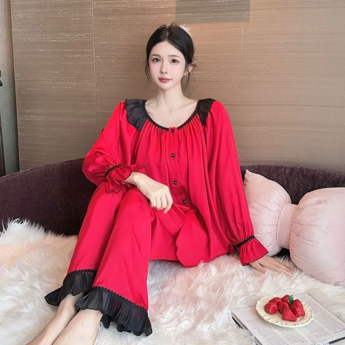 

Pjs Women Rayon Pajama Style Sleepwear Pijamas Loose Nightwear Autumn Women's Long Sleeved Pants Cardigan Trouser Pajama Set