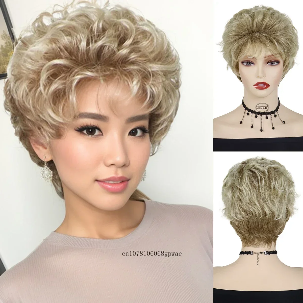 Short Blonde Curly Synthetic Wigs for Women Lady Female Mommy Wig with Bangs Natural Soft Hair Daily Casual Cosplay Party Use