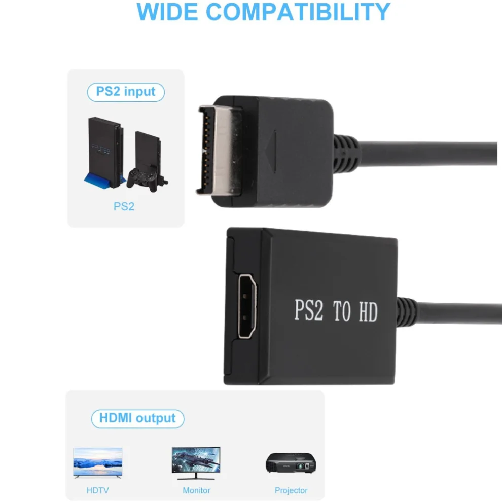 Grwibeou PS2 To HDMI-compatible 1080P Full HD Adapter with 3.5mm Audio Output Supports 480i/480p/576i & All PS2 Display Modes