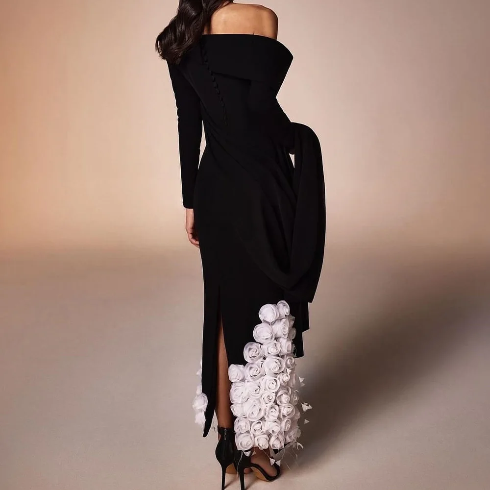 Straight Boat Neck Jersey Long Sleeves Back Slit Black Classic and Fashion Evening Dresses Watteau Train Flowers Buttons Pleats