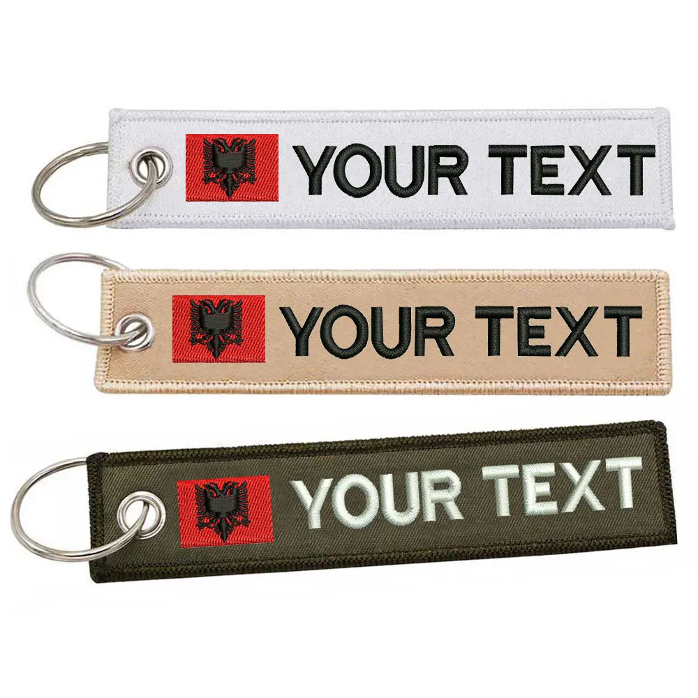 Personalized Albania Flag Keychain Customize Text Tag Double Sided Embroidery for Motorcycles Cars ATV Scooters