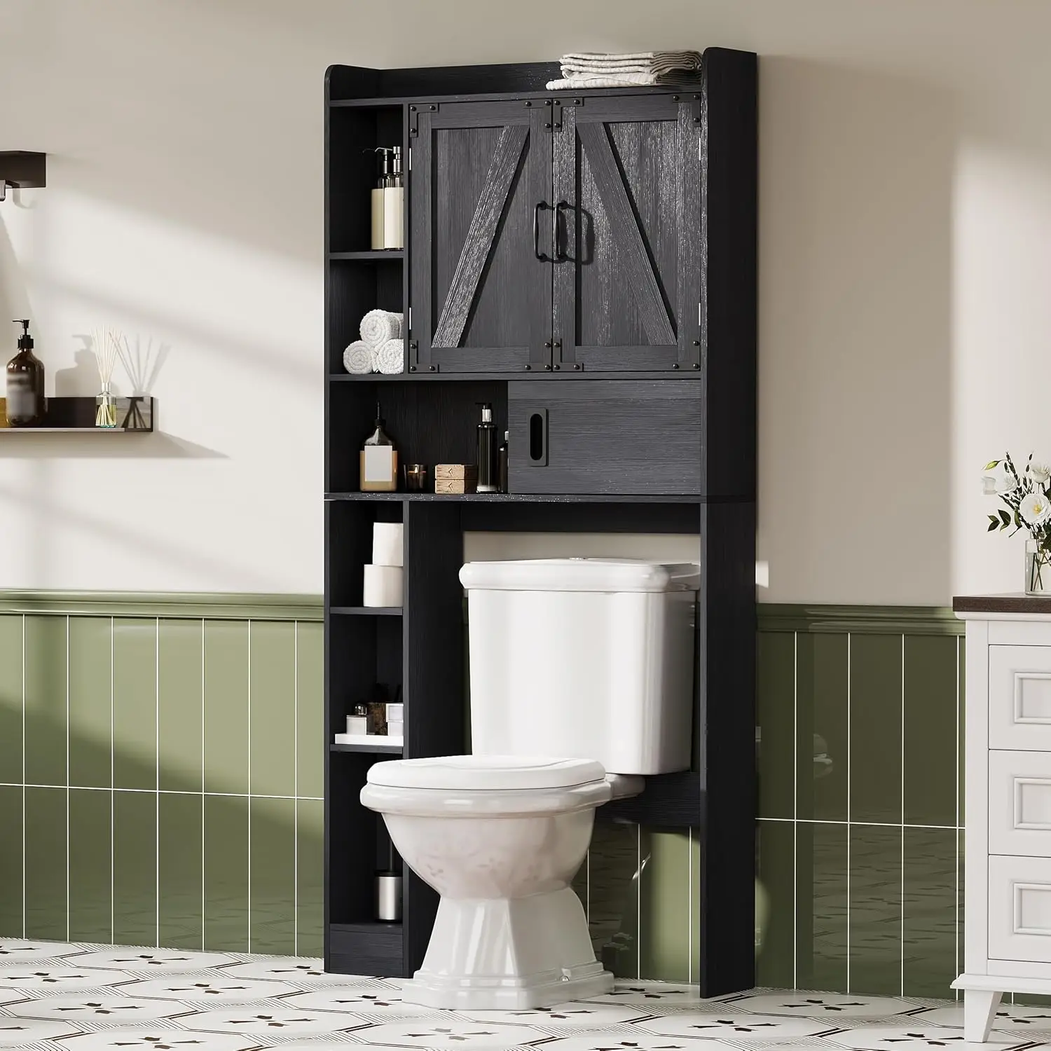 

Over The Toilet Storage Cabinet, Farmhouse Bathroom Storage Cabinet with Barn Doors, Sliding Drawer, Adjustable Shelves