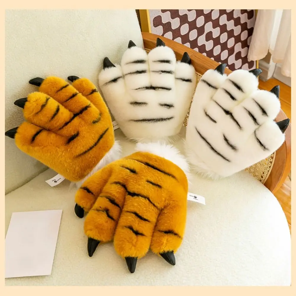 Leuke Faux Tijgerpoot Handschoenen Pluizige Textuur Gewatteerd Interieur Handwarmers Gestreept Ontwerp Zacht Dier Cosplay Kostuum Accessoires