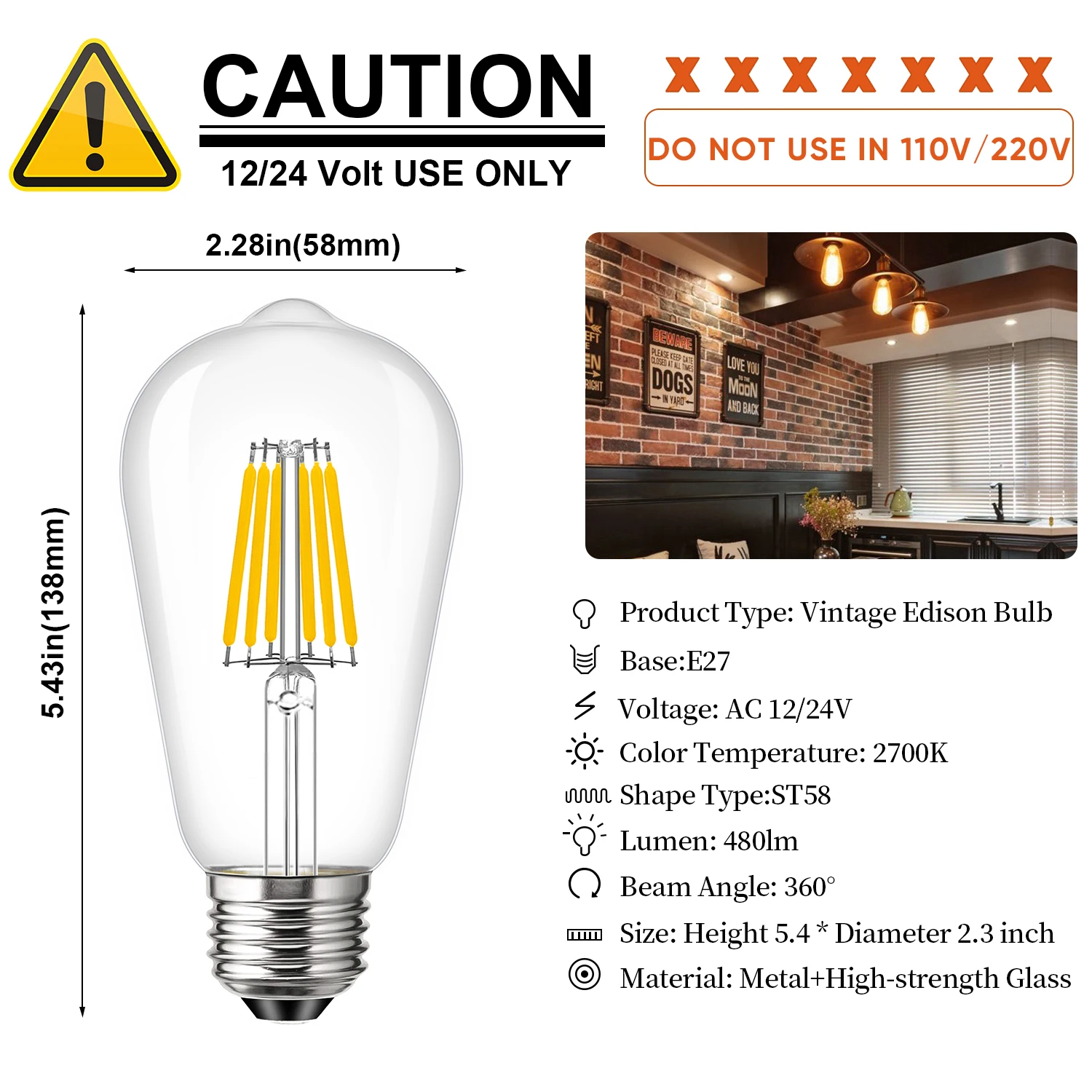 Lampu Led bohlam E27 tegangan rendah, lampu filamen luar ruangan tidak bisa diredupkan putih hangat DC 12V 24V 6W untuk lampu Led tenaga surya, lampu berkemah