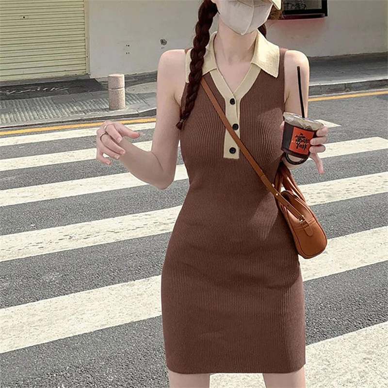 Chic and Elegant Woman Dress Contrast Color Knitted Bodycon Dresses Women Summer Tank Polo Tight Sleeveless Y2k Sexy Mini Dress