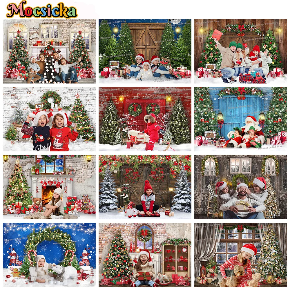 

Winter Christmas Photography Backdrop Retro Fireplace Window Xmas Tree Wood Door Gift Background Family Portrait Photo Studio