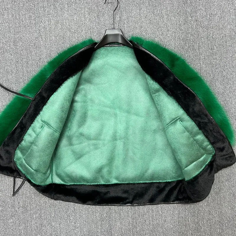 2025 Autumn Winter New Faux Fox Fur Coat Ladies Stylish Fashion Thickened Sequin Furry Integrated Women's Green Long Sleeves Top