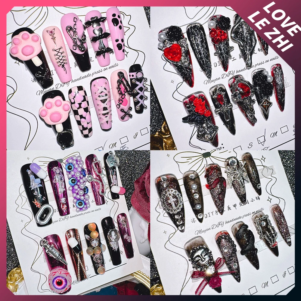 

Gothic Punk Metal Dragon Snake Handmade Long Coffin Stiletto Press On Nail Butterfly Rhinestone Pearl Detachable Full Cover Nail