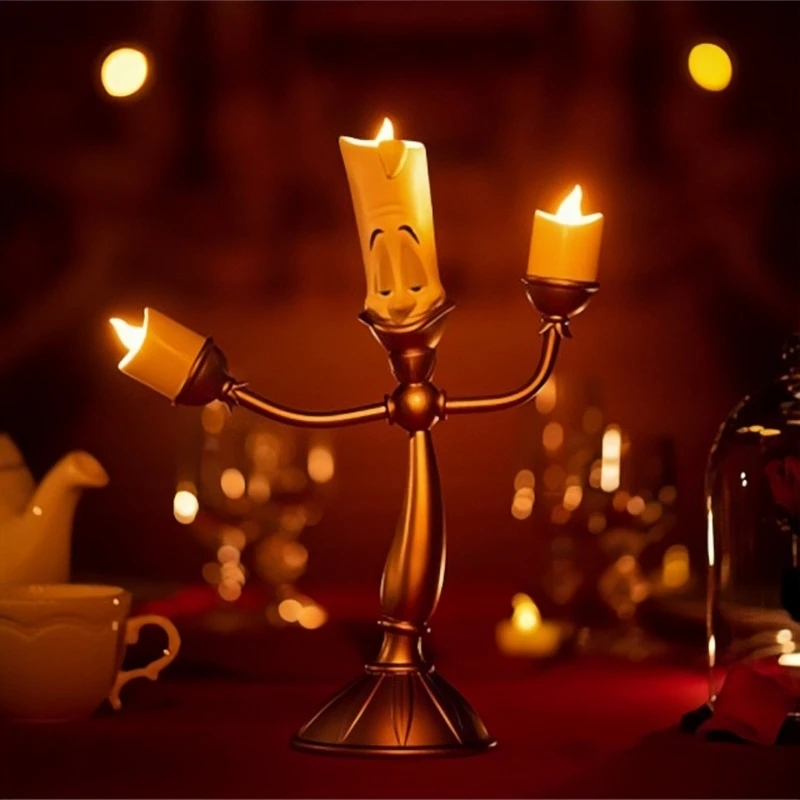 Disney Beauty And The Beast Anime Figure Lumiere Night Lights Candlesticks Cogsworth Clock Ornaments Collectible For Ornaments