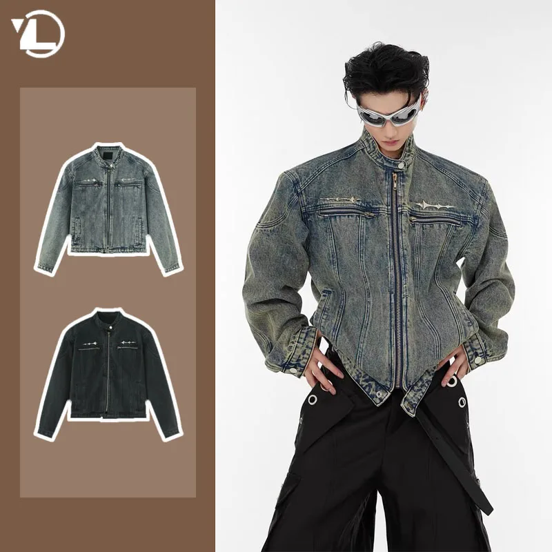 2024 Mens Denim Jacket Zippered Metal Design Distressed Washed Short Jeans Jacket Vintage Trendy Spliced Male Outerwear New