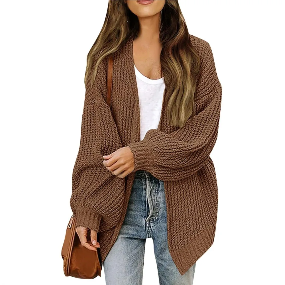 

Lantern Sleeve Thick-knit Cardigan Autumn Winter New Knitted Sweater Women's Long-sleeved Solid Color Coat Ropa Mujer 니트
