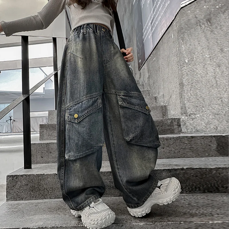 Kids Designer Vintage Gray Jeans For Girl Streetwear y2k Baggy Denim Cargo Pants With Pocket Young Lady Child Jeans Trousers