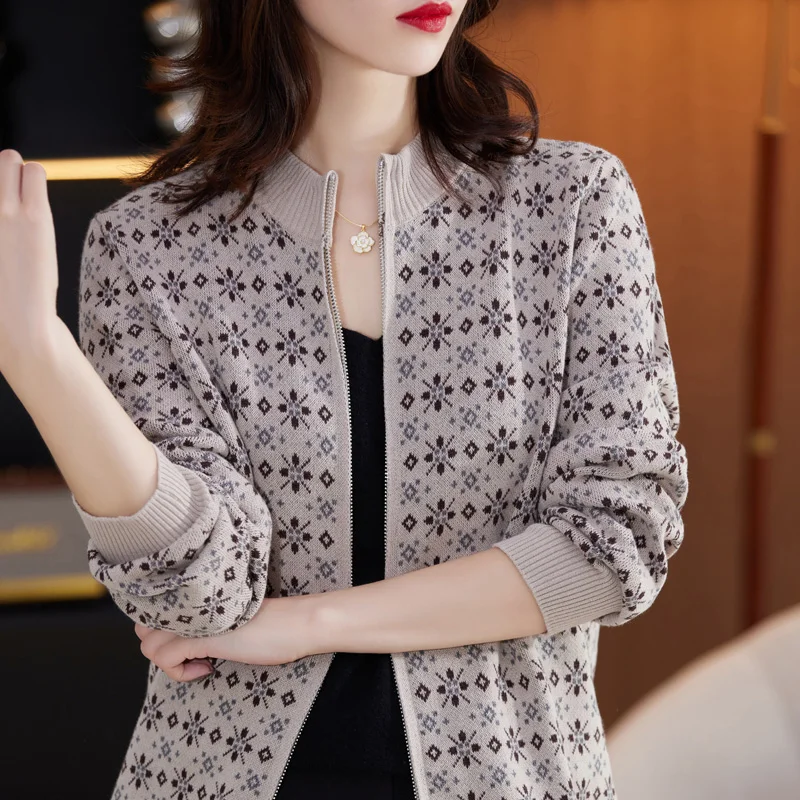 Imagem -02 - Cardigan com o Pescoço para Mulheres 100 Algodão Bloco de Cores Camisola Jacquard Cabolsa Quente Malha Zíper Cabolsas Outono Inverno Novo