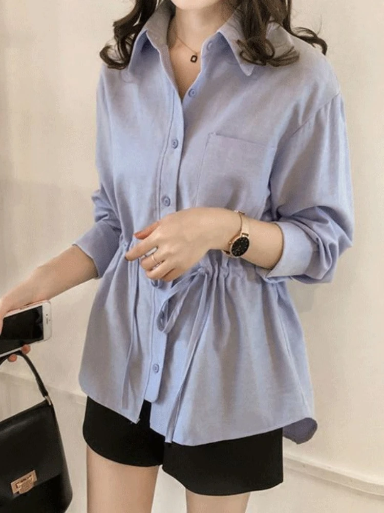 Autumn New Cotton and Linen Shirt with Drawstring Waist Cinching Temperament Solid Color Lapel Casual Base Shirt for Women