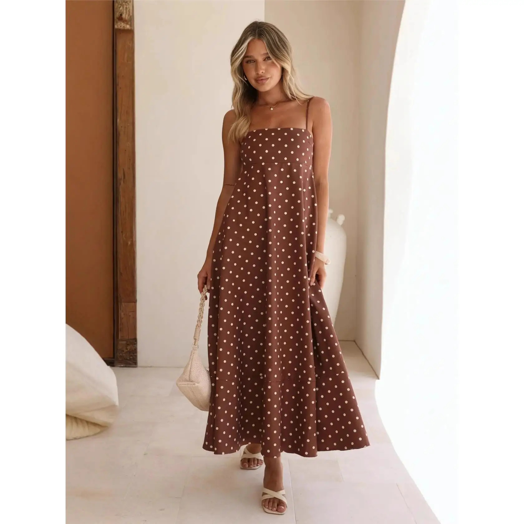 Women's Polka Dot Print Maxi Dress High Waist A-Line Skirt Style Holiday Vibes Loose Fit Clean Fit No Brand Registered Trademark