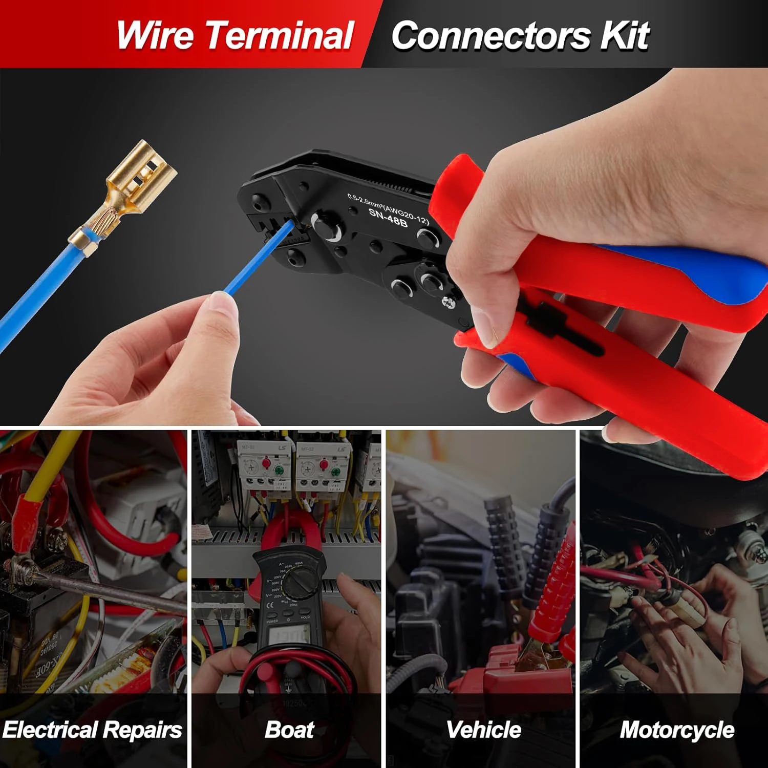 Open Terminal Connector Crimping Tool Kit,2.8/4.8/6.3mm AWG24-12 Crimper for Connectors,Male Female Spade and Ring Terminal