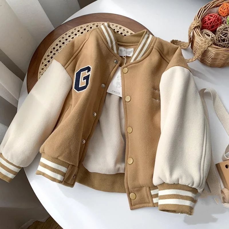 Baby Girl Boy Warm Baseball Jacket Zipper Toddler Child Fleece Bomber Coat Autumn Spring Baby Letter Outwear Baby Clothes 2-10Y