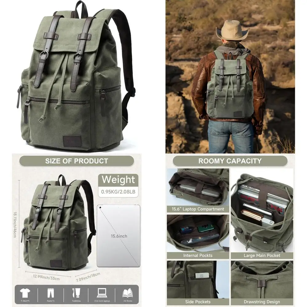 

Ретро-рюкзак из холщовой ткани для мужчин: оливково-зеленый рюкзак для ноутбука, 15.6 дюймов, идеально подходит для путешествий и поездок на работу