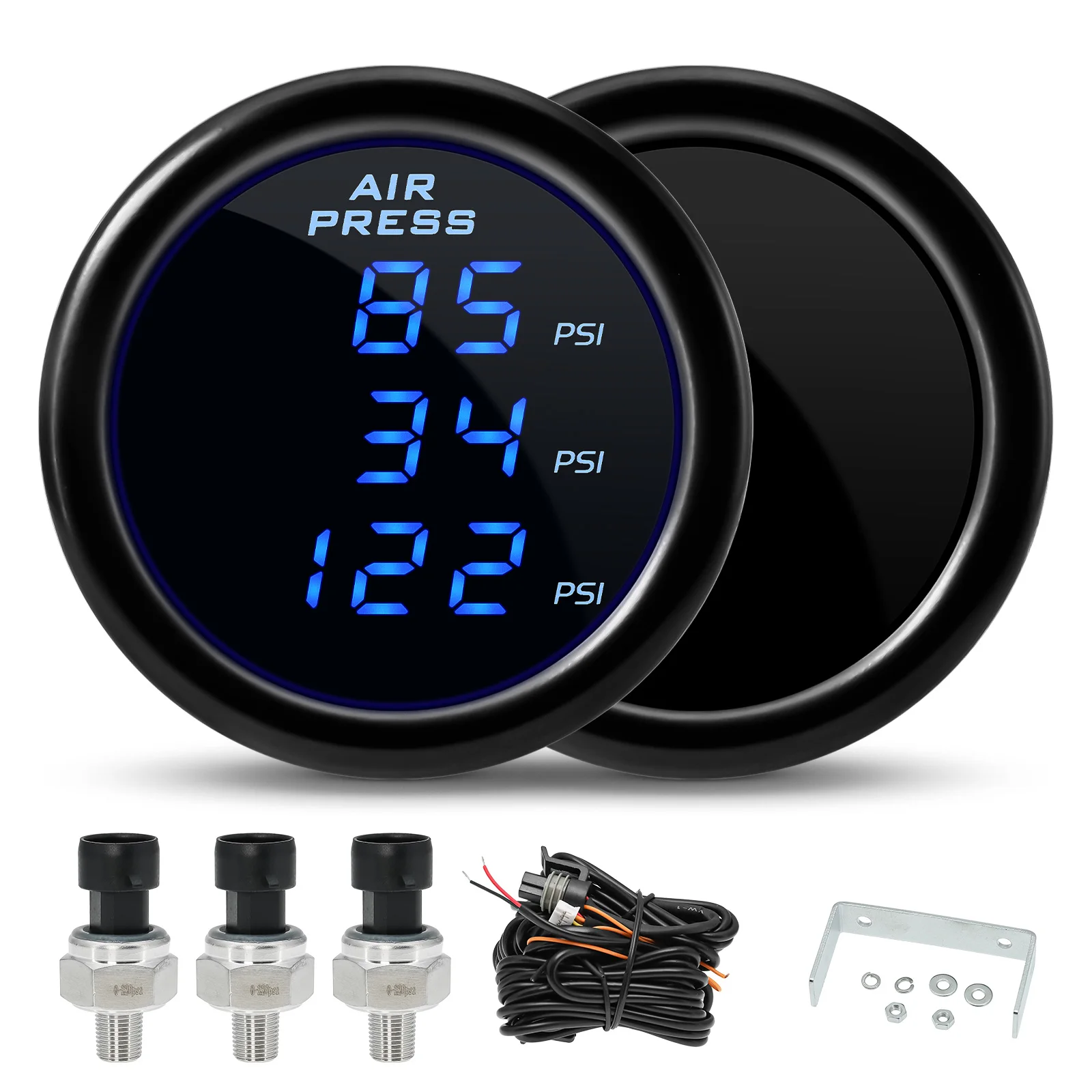 

Air Pressure Gauge Three Display 220Psi 52mm Blue LCD Air Suspension with 3pcs Electrical Sensors 1/8NPT Air Ride for Car Truck