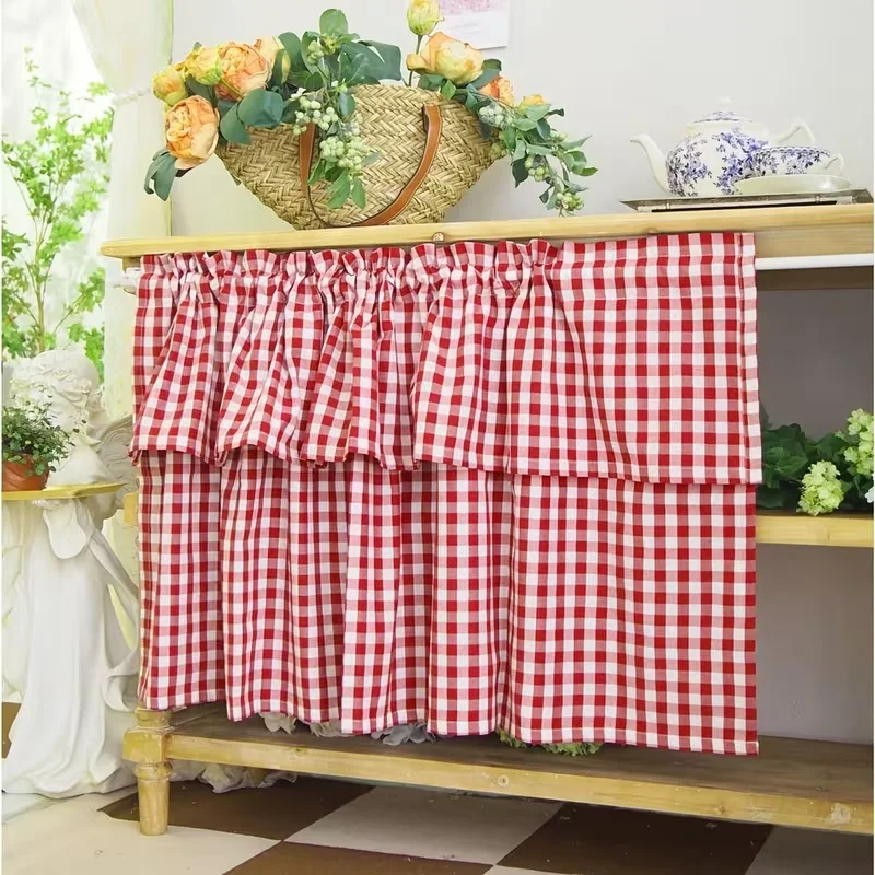 1PC Red Layered Cafe Curtain, Rod Pocket Boho Plaid Valance, Semi Blackout Kitchen Cabinet Window Decor for Cafe Home
