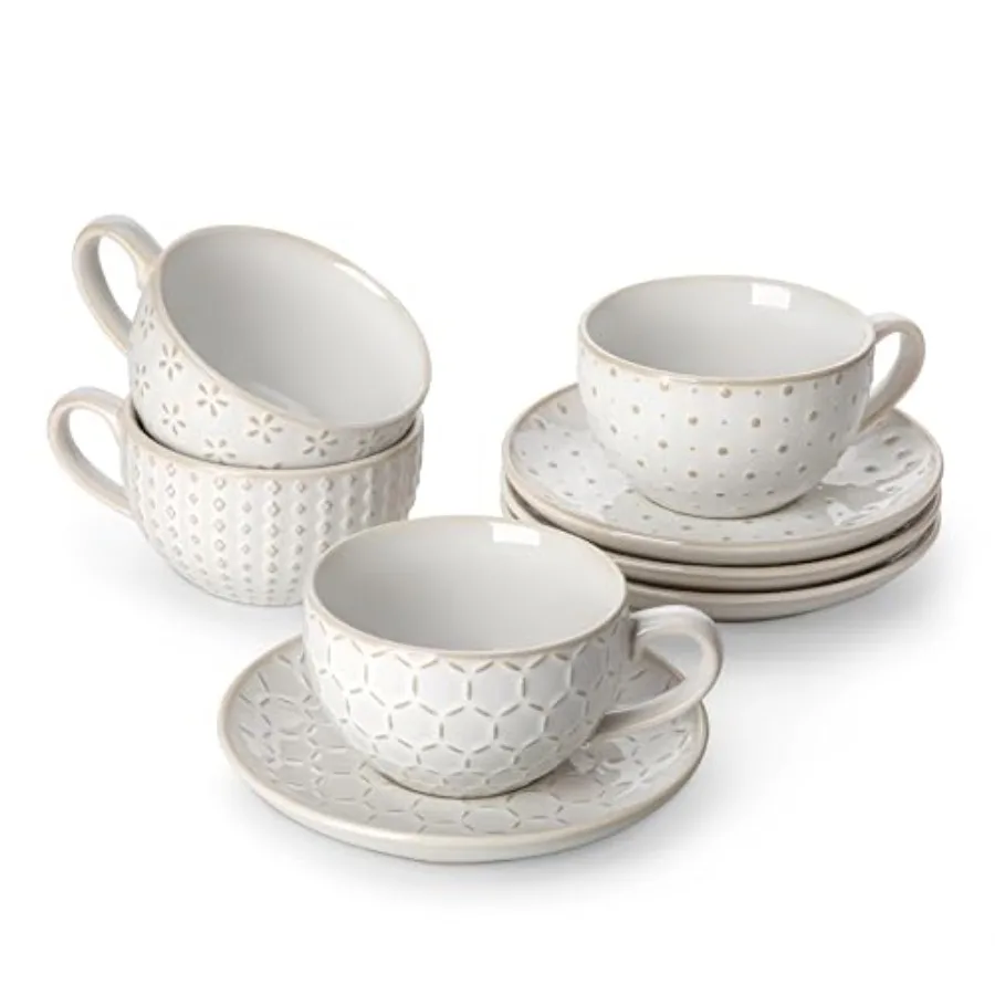 

Cappuccino Cups with Saucers Set of 4 - Ceramic Stackable Tea Cups and Saucers Embossment Coffee Mugs for Tea Latte and Mocha D