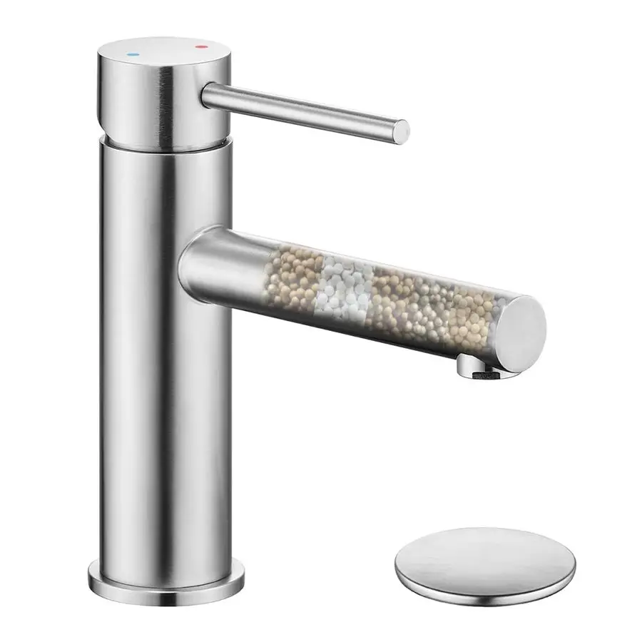 

Faucet with Bulitin Water Filter, Brushed Nickel Bathroom Faucet Filtered Bathroom Sink Faucets with Deck Plate, Single Handle F
