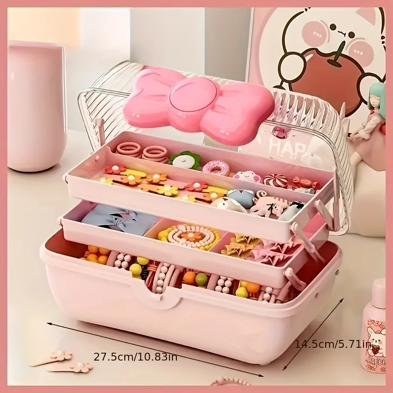 1pc Cute Cartoon Style Storage Box, Hairpin Headwear Cosmetics Storage Box, Large Capacity Transparent Lid Jewelry Box, Bedroom